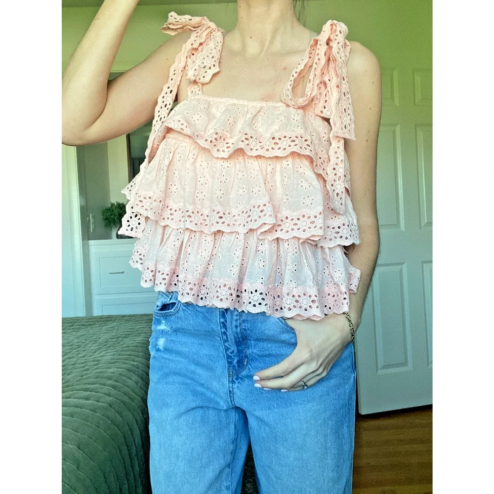 Petal and Pup Pink Tanya Eyelet Tiered Ruffle Lace Tank Top Women's XS - Picture 1 of 4